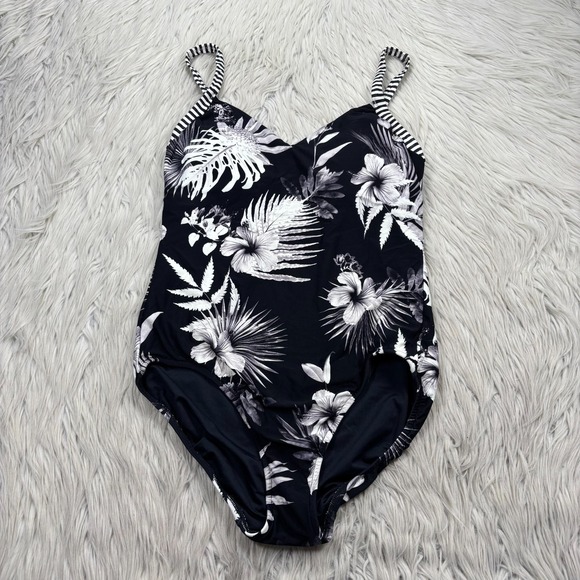 Seafolly Women's 12 Black White Floral V-Neck One Piece Swimsuit Resort Tropical